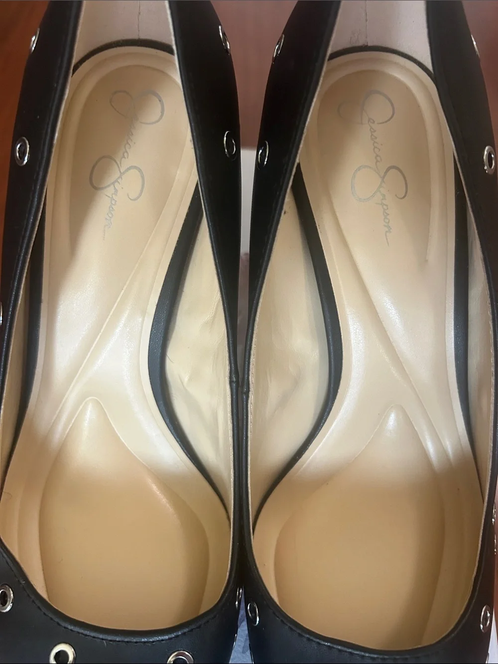 Jessica Simpson Black Pointed Toe Heels with Silver Eyelet Accents 9.5